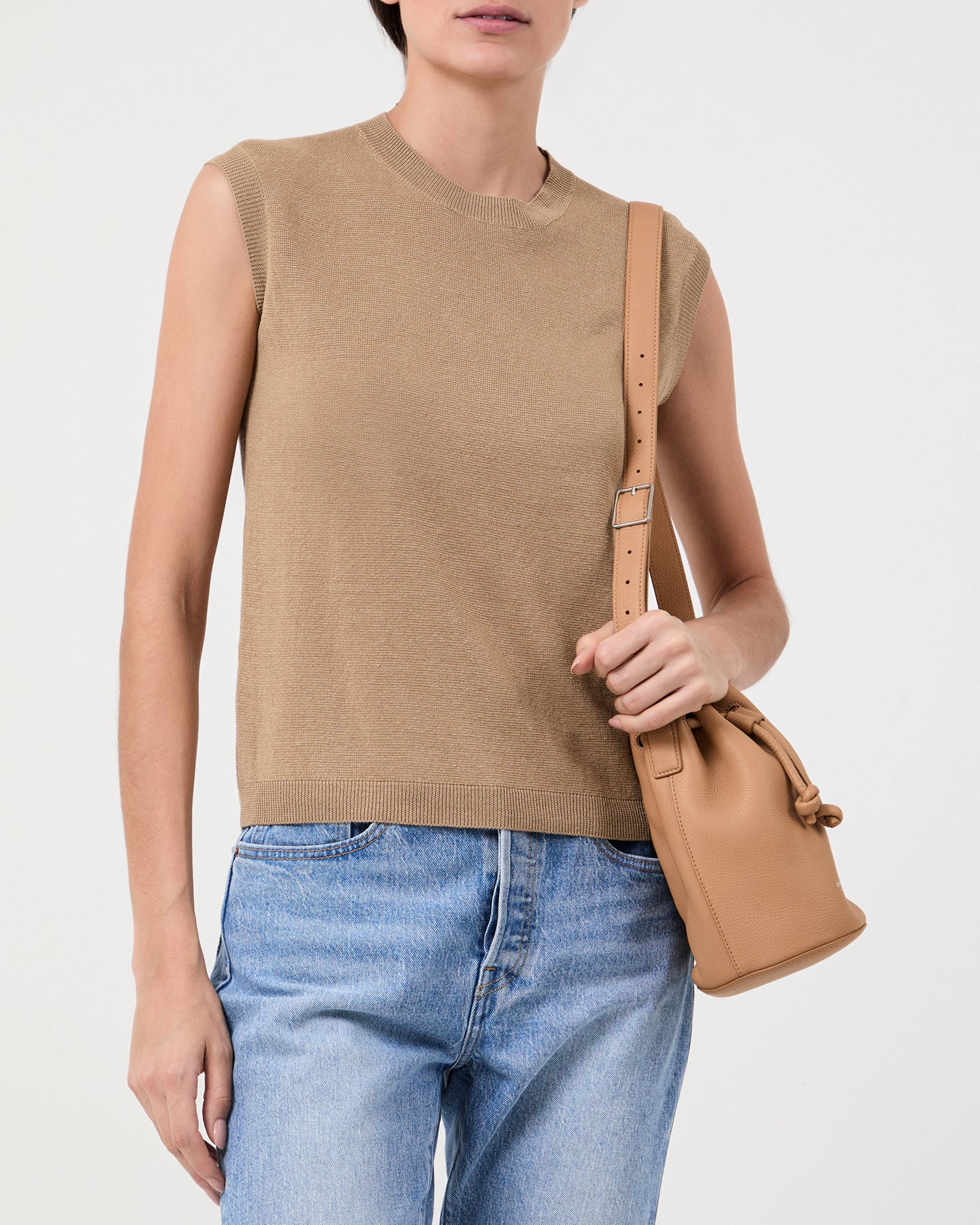 Model Wearing Casasola Milena Knitted Linen Sleeveless Top in Camel - Front View