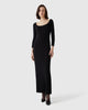 Model wears Casasola silk-knit mid-length strapless dress in black, made in Italy - front view