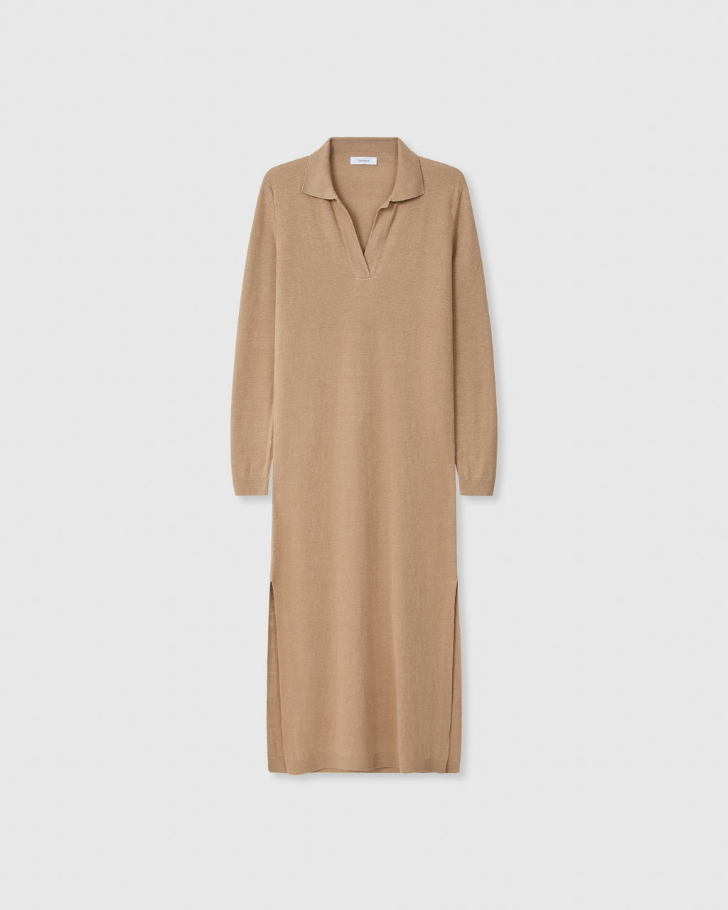 Casasola Daria Knitted 100% Linen Camel Polo Midi Dress - Front View