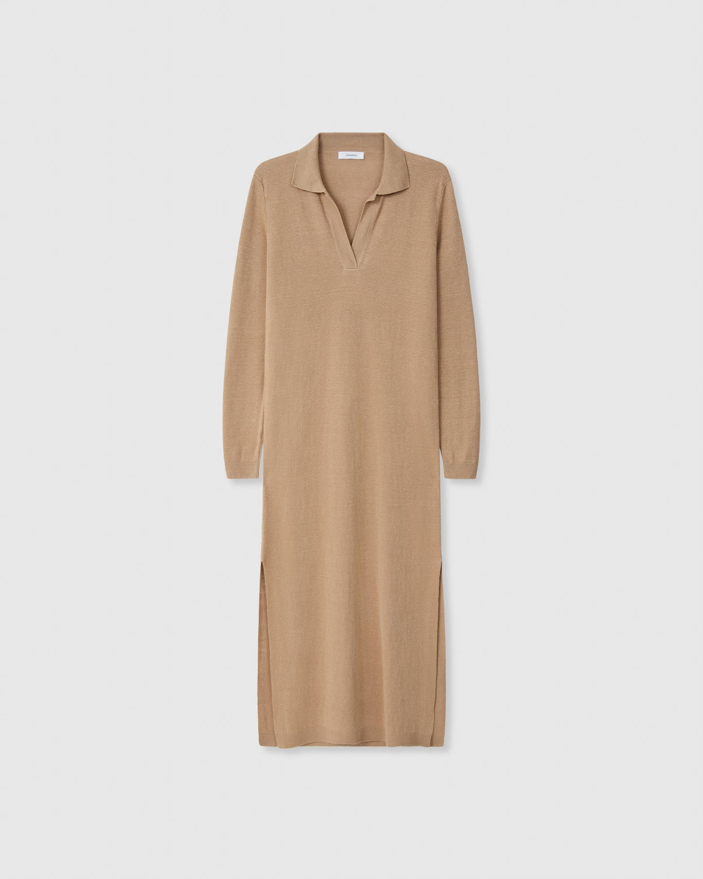 Casasola Daria Knitted 100% Linen Camel Polo Midi Dress - Front View