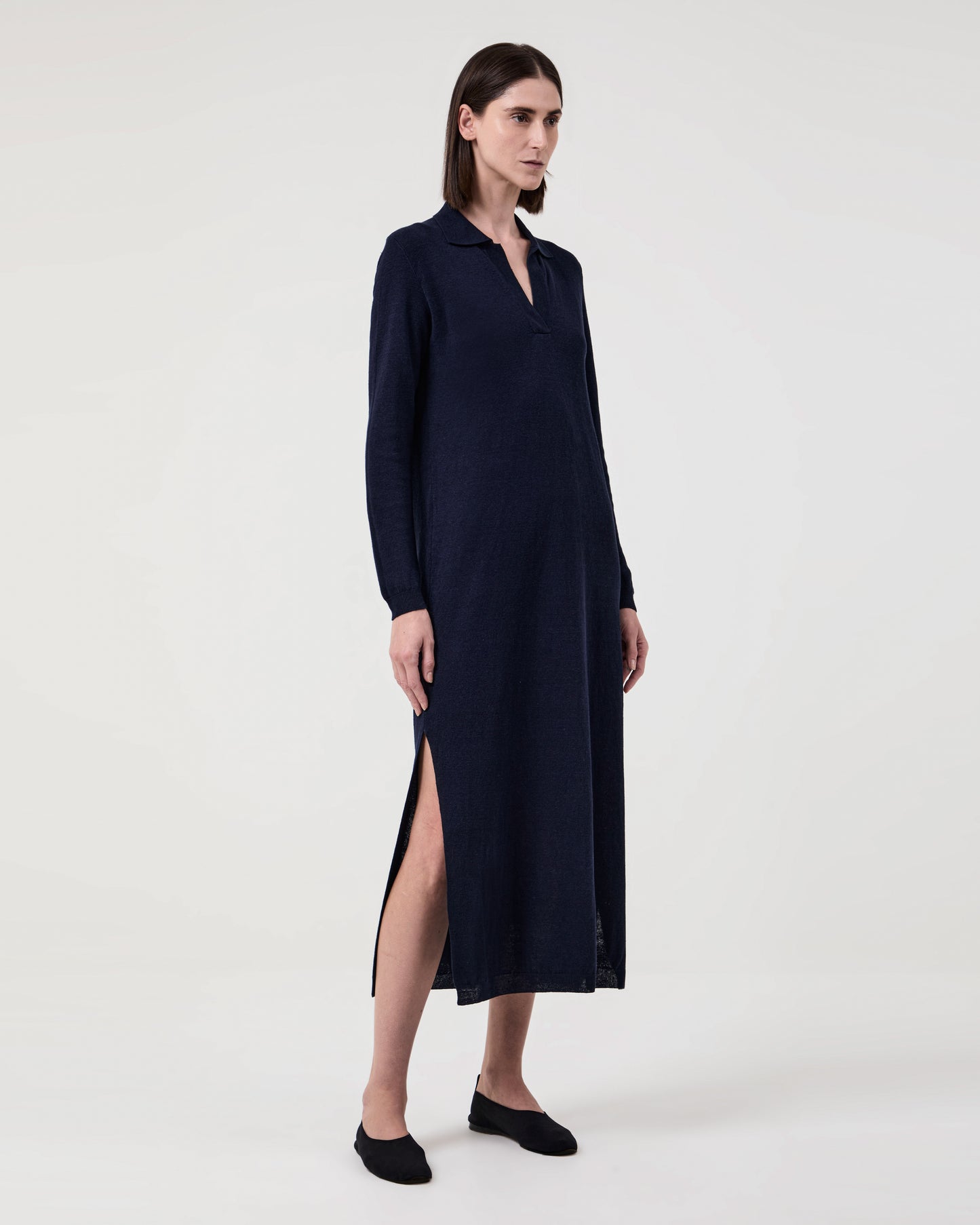 Women Wearing Casasola Daria Knitted Linen Navy Polo Midi Dress - Side View