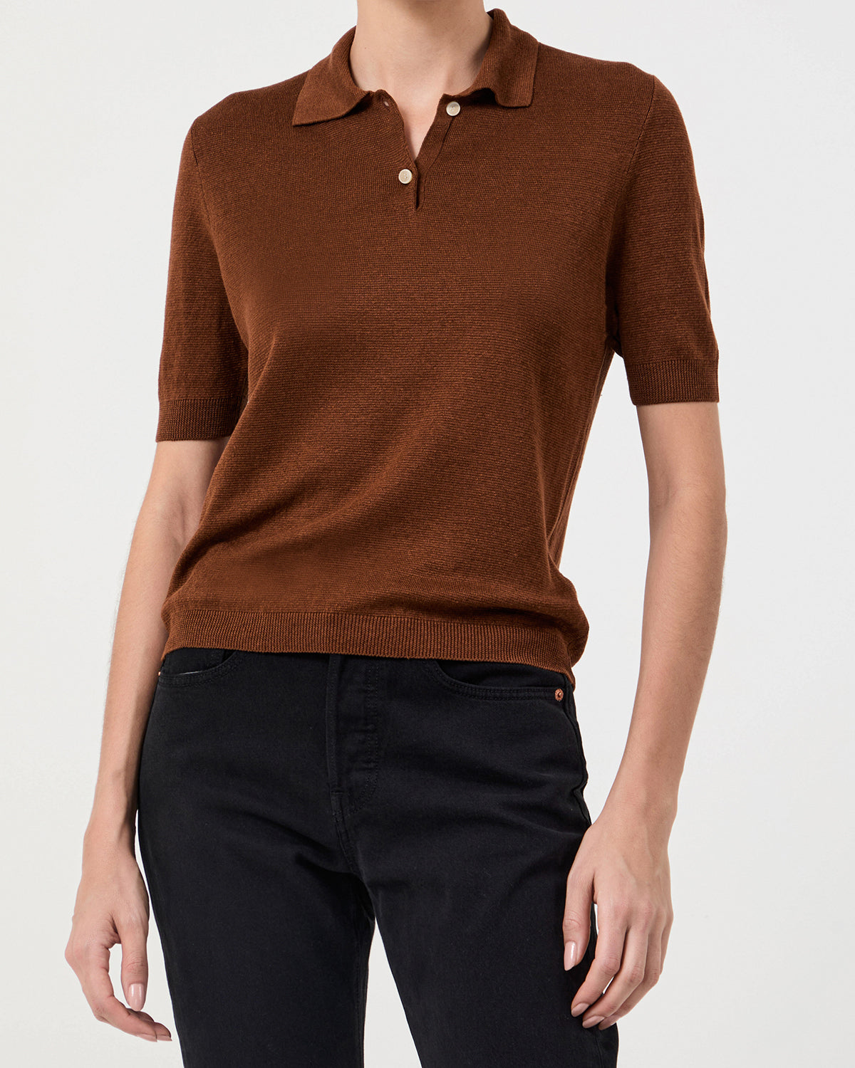 Woman Wearing Casasola Daria 100% Linen Brown Polo Top - Detail View