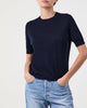 Woman wearing Casasola Dora Knitted 100% Linen Navy T-Shirt Top