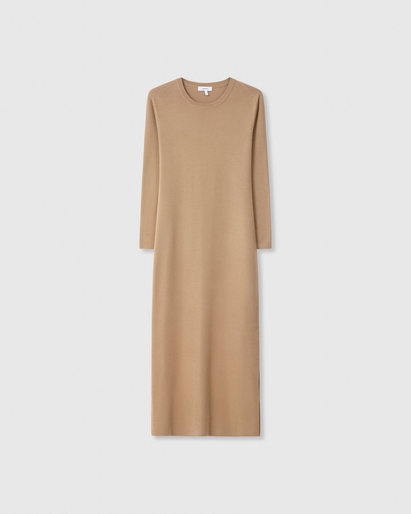 Casasola Elisabetta Silk Knit Camel Midi-Dress with long Sleeves - Front View