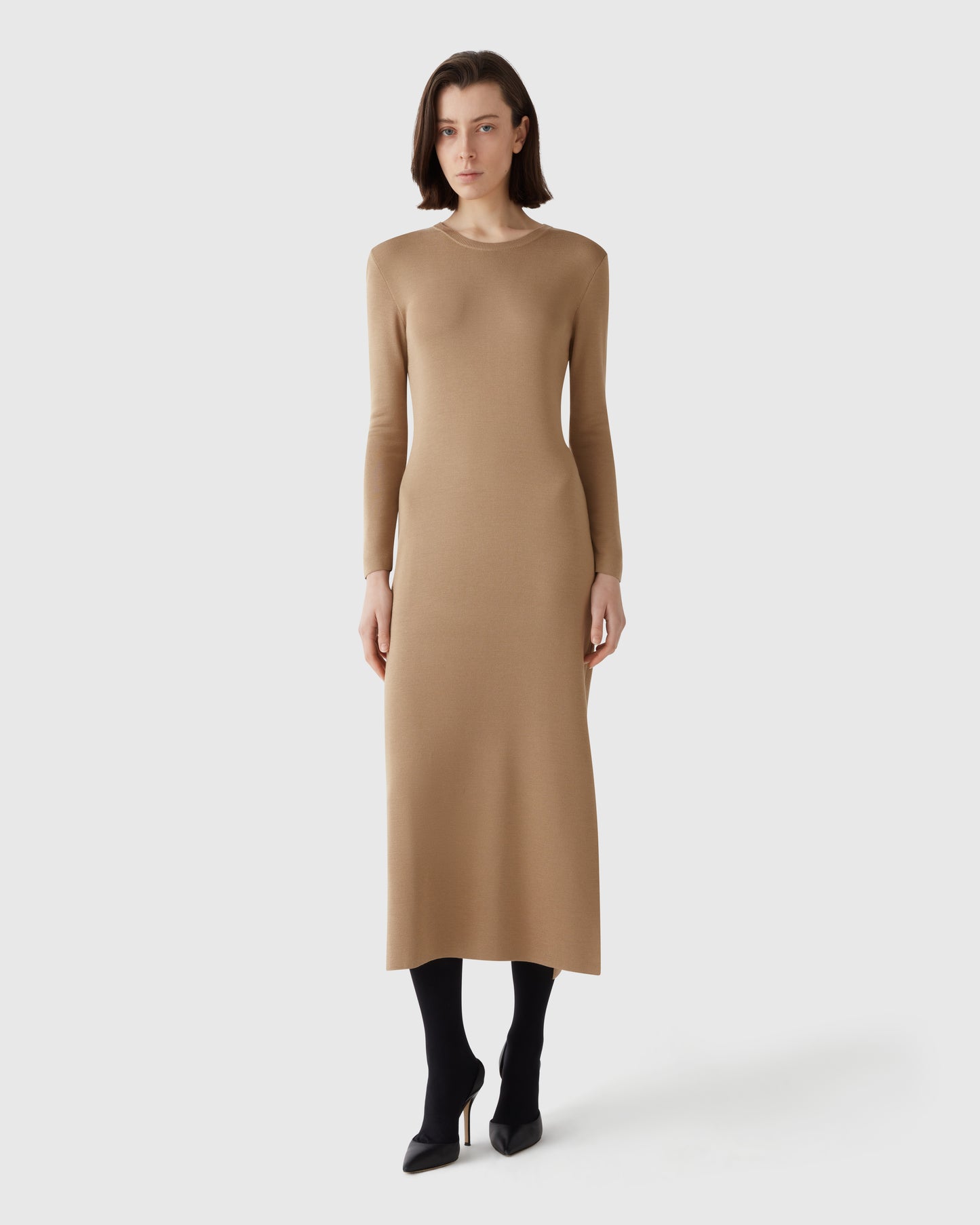 Women Wearing Casasola Elisabetta Silk Knit Camel Midi-Dress
