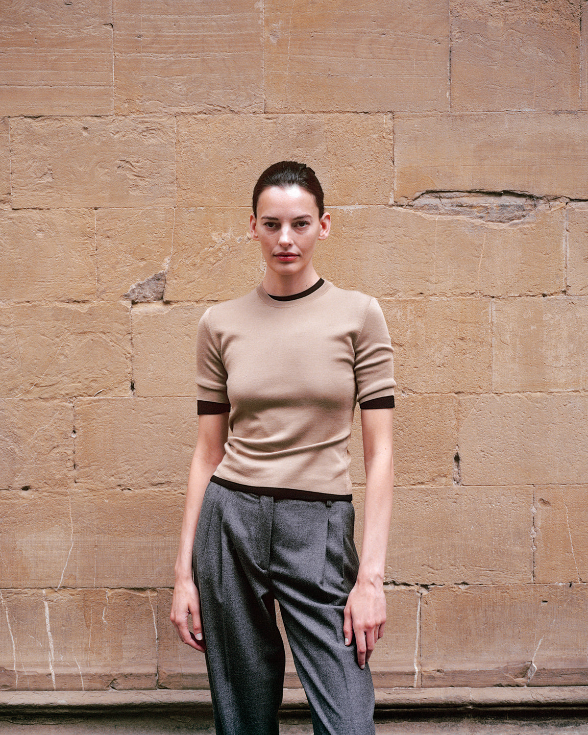 Woman wearing Casasola Eva Knitted Silk Top Camel - Front View