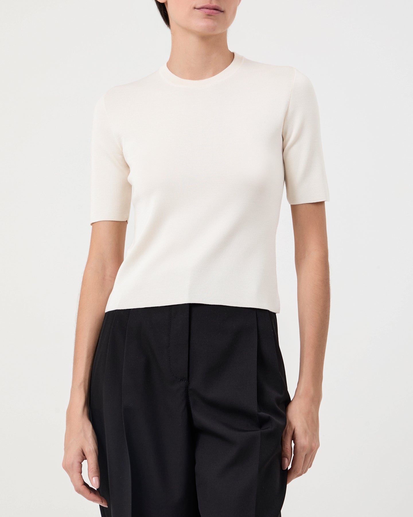 Model Wearing Eva Knitted Silk Top White - Front View