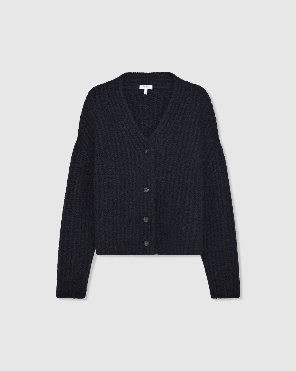 Casasola Fumo Knitted Cashmere Silk Boucle Cardigan in Navy - Front View