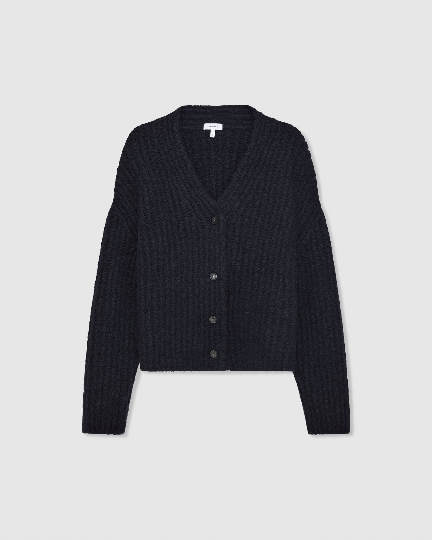 Casasola Fumo Knitted Cashmere Silk Boucle Cardigan in Navy - Front View