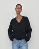 Woman wearing Casasola Fumo Knitted Cashmere Silk Boucle Cardigan in Navy - Front View