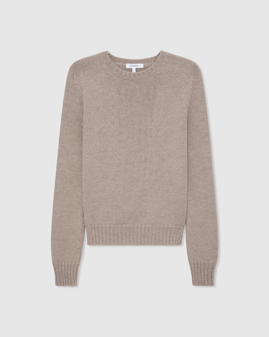 Casasola Mia Knitted Merino Wool Saddle Shoulder Crewneck in Beige - front view.