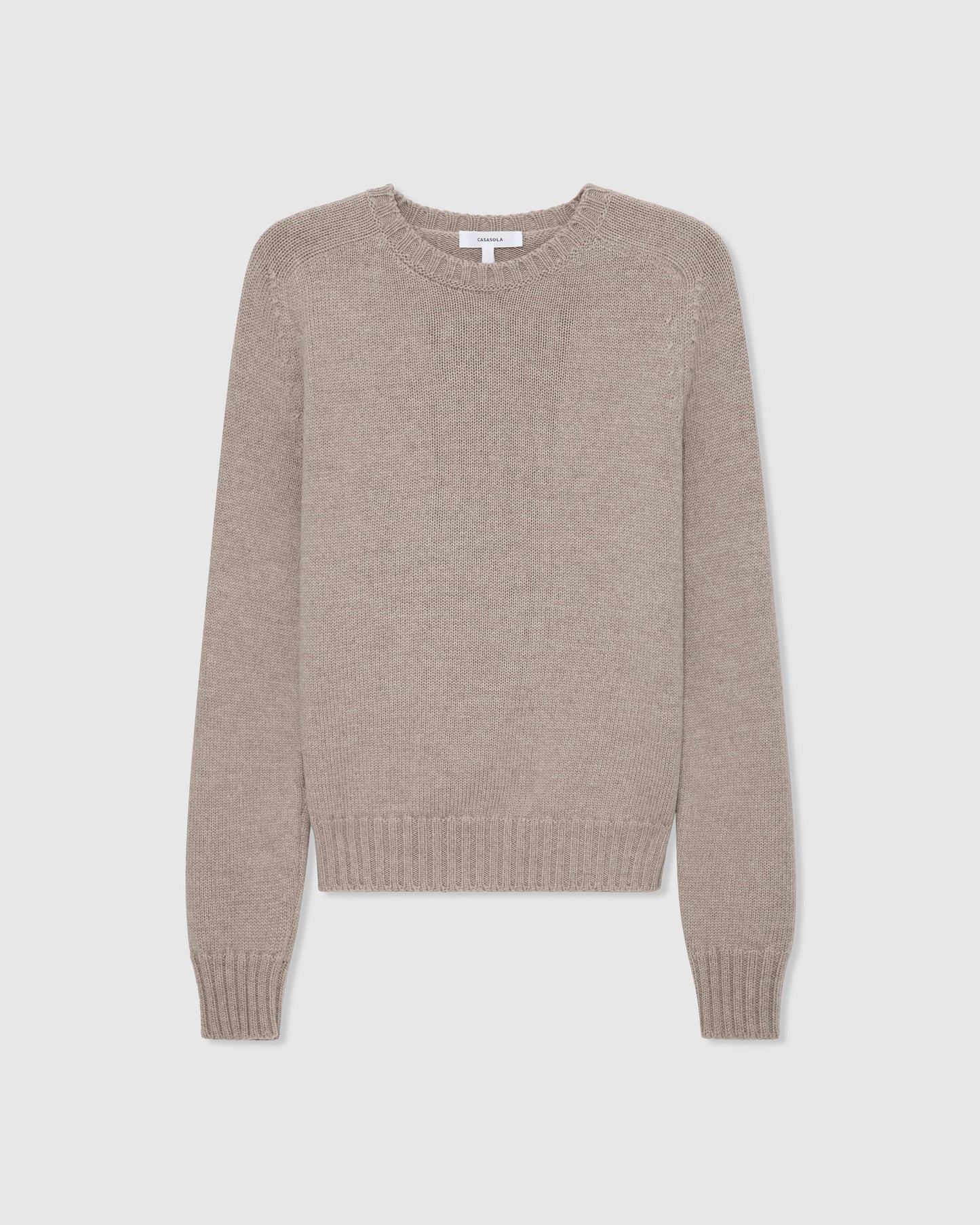 Casasola Mia Knitted Merino Wool Saddle Shoulder Crewneck in Beige - front view.