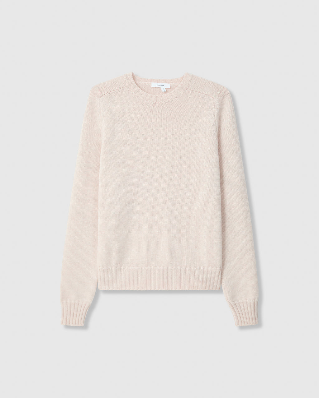 Casasola Mia Knitted Merino Wool Saddle Shoulder Crewneck in Sand - front view.