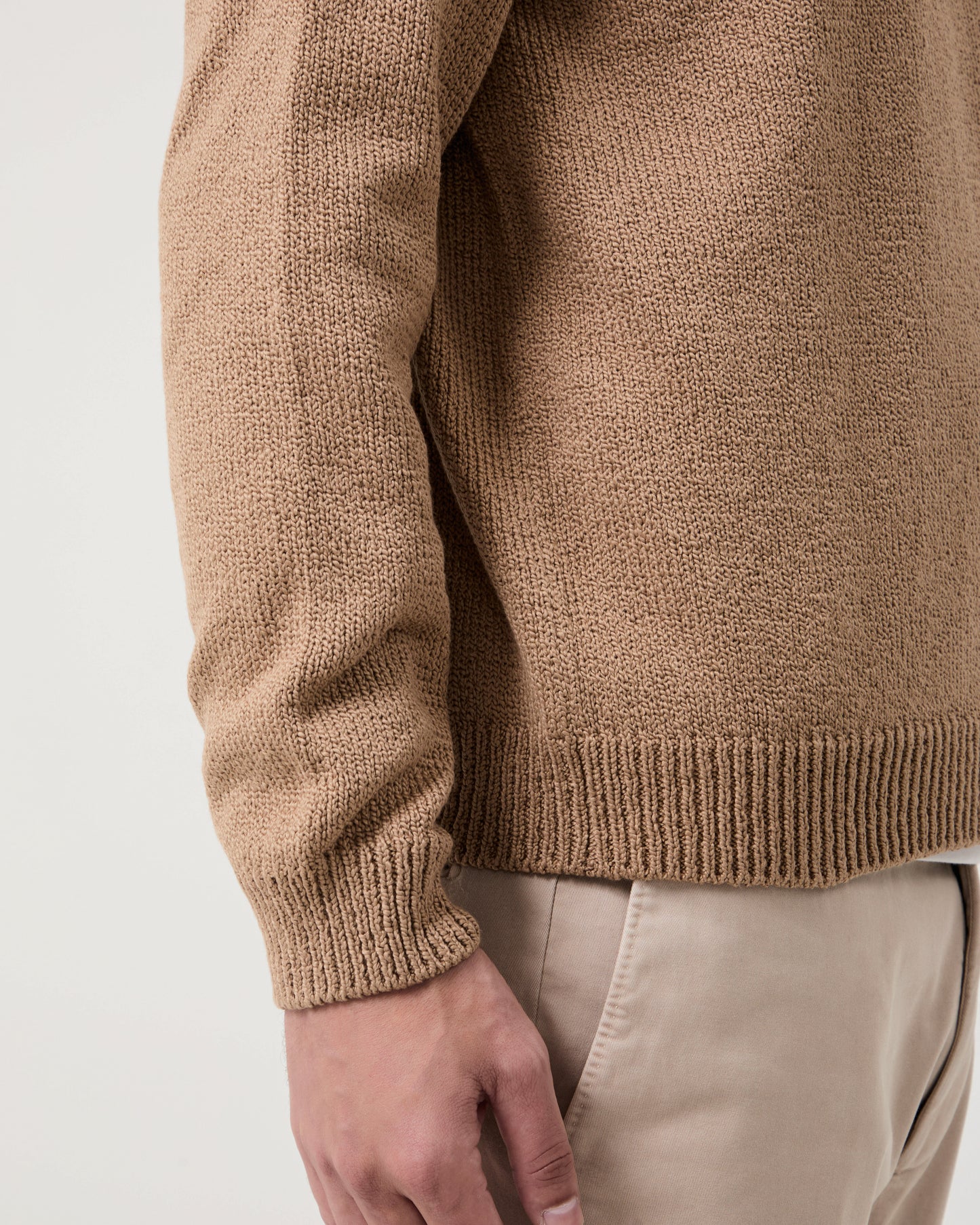 Man Wearing Casasola Nino Knitted Cotton Camel Crewneck - Detail View