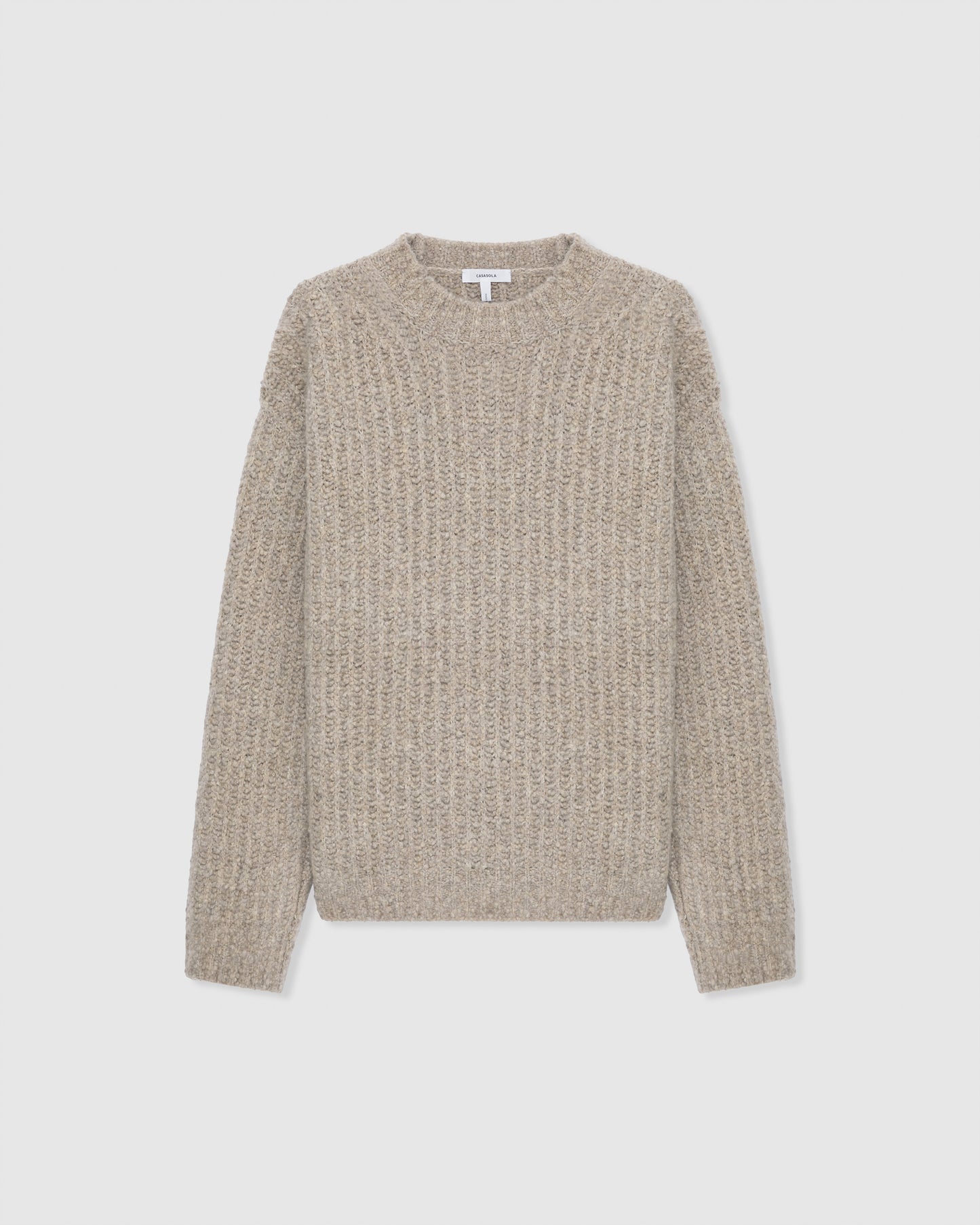 Casasola Orso beige-colored, oversized, four-ply knitted cashmere-silk sweater with a ribbed mock neckline, front view.